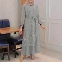 ราคา Yourcolors Women O Neck Muslim Puff Sleeve Lace Stitching Casual Maxi Dress (16494645547)