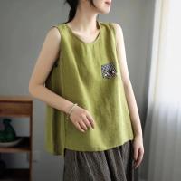 ราคา Cotton and linen loose fitting sleeveless patchwork womens tank top (19365026921)