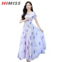 ราคา HIMISS Women Summer Short Sleeves Dress Elegant Floral Printing Round Neck Midi Skirt High Waist A line Skirt (21176186842)