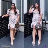 ราคา TW13299 เดรส Bigsize แต่งรูดอกลายเชอรี่ Bigsize dress with cherry blossom holes (4003156540)