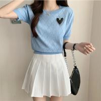 ราคา Shein 01010 เสื้อไหมพรมคอกลม แขนสั้น เสื้อครอปไหมพรม ลายหัวใจ ผ้านิ่ม ใส่สบาย (20623607214)