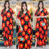 ราคา แม็กซี่เดรสค้างคาวคอวี แต่ระบายข้าง ทรงโอเวอร์ไซส์ ทรงใส่สบาย เนื้อผ้าสปันพิมพ์ลาย ชุดเดรส (14515591749)