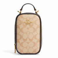 ราคา กระเป๋าถือ COACH แท้ รุ่นใหม่ ไซส์มินิ น่ารักมาก ใส่มือถือได้ทุกรุ่น COACH CB852 Eva Phone Crossbody In Blocked Signature Canvas Light Khaki Brown (20771811339)