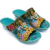 ราคา September SOCOFY 2022 New Bohemia Slip on Slides Wedge Sandals Handmade Leather Floral Stitching High Heels Sandals Summer Women Shoes (21004719590)