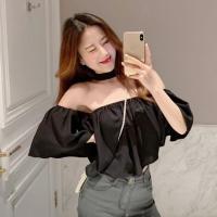 ราคา Sale80 เสื้อเปิดไหล่คอแต่งสายโช้คเกอร์ ทรงบานพริ้ว อกสม็อคยางยืด 4 สี (19927350220)