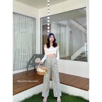 ราคา กางเกงขากระบอกเอวสูงผ้าลินินทอลายริ้วเก็บทรงสวยมากS XL (19467645909)