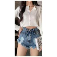 ราคา พร้อมส่ง ขารุ่ยเสมอหู ผ้ายีนส์ไม่ยืดมีไชส์ SMLXL คร้า (19634460971)