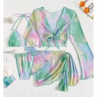 ราคา ชุดว่ายน้ำ 4 ชิ้น bikini เสื้อคลุม ผ้าคลุม ลายมัดย้อมสีคราม (21026083887)