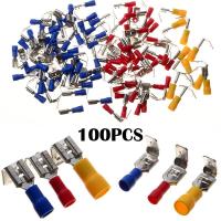 ราคา ขั้วปลายหางปลาสลิปต่อสายชนิดหุ้มฉนวนเครื่องย่นข้อต่อ100ชิ้นขั้วไฟฟ้า10 22AWG เทอร์มินัลสีแดงสีน้ำเงินเหลือง (21165747309)