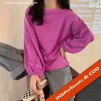 ราคา INS เสื้อยืดแขนยาวคอกลมแฟชั่นวัยรุ่นสไตล์เกาหลีผ้าดี oversize สีทึบ แขนพอง จั้มปลายแขน 3508 (11401800213)