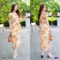 ราคา B11788 เดรสยาว ลายดอก โบว์ผูกรูด Long dress floral print bow tie (11675920791)