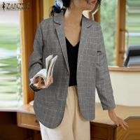 ราคา เสื้อเบลเซอร์ผ่าหลังพิมพ์ลายตารางสไตล์เกาหลีของผู้หญิงของ ZANZEA ฝ้ายลินินแขนยาวเสื้อคลุมสูทฤดูหนาว 10 (21101831422)