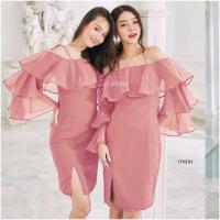 ราคา ส่งไว M17431 เดรสปาดไหล่ สายเดี่ยวผุกไหล่ แต่งระบายผ้าแก่ว แขนระบาย 3 ชั้น (15651123370)