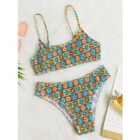 ราคา พร้อมส่งจากไทย บราบิกินี่ เสื้อครอปสายเดี่ยว พิมพ์ลายดอกไม้ ผ้าย่น (21048004193)