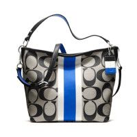 ราคา กระเป๋าถือ COACH แท้ รุ่นหรูจาก Shop ผ้าลาย Signature สายหนังแท้ มีสายยาว COACH 10055 HAMPTONS WEEKEND SIGNATURE STRIPE SHOULDER BAG Cobalt (14587893572)