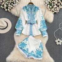 ราคา ชุดสูทสีชมพูคอตั้งพิมพ์ลายวินเทจสำหรับผู้หญิงใหม่แขนยาวฤดูใบไม้ผลิฤดูร้อนเสื้อสตรีแต่งลูกไม้สองชิ้นเสื้อท่อนบนและกางเกงขาสั้นเอวสูง (20688190184)