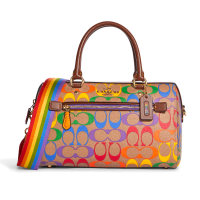 ราคา กระเป๋าถือ COACH แท้ ทรงหมอน Coated canvas ลาย Signature หลากสี มีสายยาว COACH CA615 Rowan Satchel In Rainbow Signature Canvas Khaki Multi (20534671587)