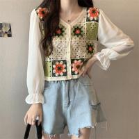 ราคา cheery พร้อมส่ง 19108 ผ้าถักโครเชต์ห่าง ยืดดี แขนชีฟองบางยาว สีครีม (18926735770)