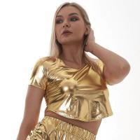 ราคา เสื้อหนังสีทองแวววาวสำหรับผู้หญิงชุดแต่งกายเทศกาลสั้นแขนสั้นเสื้อยืดเอวลอยเซ็กซี่สำหรับเต้นแจ๊ส (20454481983)