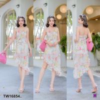 ราคา TW16854 เดรส สายเดี่ยว ชายเฉียงระบาย ลายดอก (16904277112)