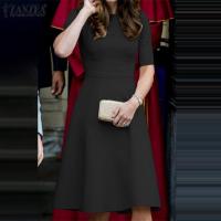 ราคา ZANZEA ชุดเดรสสำหรับผู้หญิงชุดเดรสออกงานคอกลมแขนสั้นเก็บเอวเรียบหรูสำหรับชุดเดรสทรงเอมิดิ 15 (20877376495)