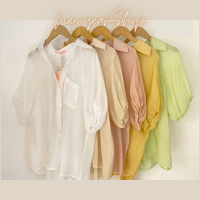 ราคา พร้อมส่ง เสื้อเชิ้ตกระดุมหน้าผ้าไหมญี่ปุ่น แขนสามส่วนพองๆ ผูกโบว์ด้านหลัง อก42 ยาว22 (19851055756)