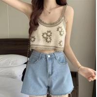 ราคา เสื้อสายเดี่ยวถักไหมพรมดอกไม้ เสื้อครอปปักลายดอกสไตล์เกาหลีสำหรับผู้หญิง (20051657038)