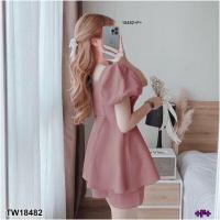 ราคา ส่งไว M18482 Set 2 ชิน เสื้อคอเหลี่ยม แขนพอง ทรงบอลลูน มีซิปหลัง สีพื้น ผ้าซาร่า กางเกงขาสั้น เอวยืดสม็คหลัง มีกระเป๋าล้วง 2 ข้าง ผ้าซาร่า พร้อมส่ง (17978426634)