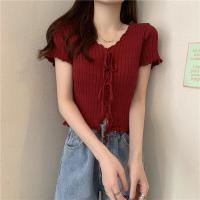 ราคา H H พร้อมส่ง เสื้อไหมพรมแขนสั้น ผูกเชือกด้านหน้าเก๋ๆ 323 (19703859673)