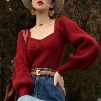 ราคา เสื้อแขนยาววินเทจไหมพรมแขนบอลลูนคอวีตัวยูสำหรับผู้หญิงเสื้อสเวตเตอร์แฟชั่น (21264722386)