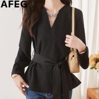 ราคา AFEG เสื้อแฟชั่นคอวีพร้อมเข็มขัดฉบับภาษาเกาหลีสีทึบเสื้อแฟชั่นเอวลอยแขนยาวผ้าชีฟอง (21204039431)