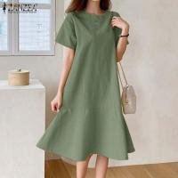 ราคา ZANZEA ชุดเดรสยาวคลุมเข่าคอกลมแขนสั้นชายระบายสำหรับวันหยุดฤดูร้อนสไตล์เกาหลี (14636135586)