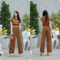 ราคา เซ็ท 2 ชิ้น ผ้าฝ้ายสีพื้น เสื้อเชิ้ตกระดุมหน้าแขนเลยเอวจั้ม กางเกงขายาว เอวสม็อคหลัง มีกระเป๋าข้าง (19726238637)