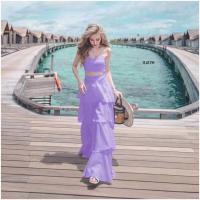 ราคา TW11417 Set 2 ชิ้น เสื้อเกาะอกผูกโบว์หลัง กางเกงขาระบายยาว (1759450140)