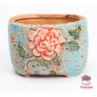 ราคา กระถางดินเผาเคลือบสี ลายดอกไม้พื้นฟ้า กระถางต้นไม้ ไม้อวบน้ำ กุหลาบหิน cactus succulentหลากหลายสายพันธ์ (5376388795)