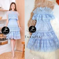 ราคา เดรสสั้นสีฟ้ารับวันแม่ S 2XL Mini Dress เดรสลูกไม้สีฟ้าแขนสั้นแต่งซีทรู งานป้าย Tarm Ha (20880044951)