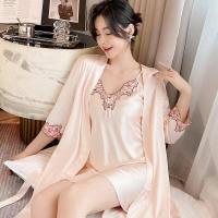 ราคา ENJOY FLYING ONESELF 2023 New Ready Stock 2pcs Women Bathrobes Pajamas Set Gift Comfortable Silk V Neck Short Sleeve Nightwear Sling Hollow Out Nightdress Sleepwear Casual Robe Baju Tidur (20238118650