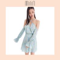 ราคา MILIN Crisscross v neck cowl open shoulder dress with long bell sleeves เดรสสั้นคอวีไขว้ แขนกระดิ่งยาว เปิดไหล่ถ่วง ผ้ายืดทอกลิตเตอร์สีพาสเทล Adella Dress สีฟ้า สีชมพูม่วง (8963428396)
