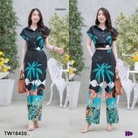 ราคา TW18450 set 2 ชิ้น เสื้อครอปปกเชิ้ต ลายต้นมะพร้าว กางเกงขาายาวลายต้นมะพร้าว (17764370356)