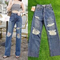 ราคา กางเกงยีนส์ขายาวทรงกระบอก เเต่งขาดๆเซอร์ๆ S 6XL (19655622509)