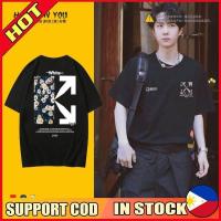 ราคา Wang Yibo ย่อหน้าเดียวกัน OFF ตัวอักษร Arrow เดซี่น้อยแขนสั้นเสื้อยืดผู้ชายและผู้หญิงผ้าฝ้ายบริสุทธิ์ชุดคู่รัก (9497402876)