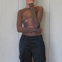 ราคา เสื้อยืดเพชรเทียมวิบวับชุดบอดี้สูทสตรีสวยงามเสื้อถักนิตติ้งแนวสตรีทแขนยาว (20853973366)