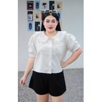 ราคา BN225 เสื้อครอปเชิ้ตผ้าลูกฟูกสาวอวบ ปกบัวแต่งลูกไม้รอบปก แขนตุ๊กตา อก50 (21059842657)