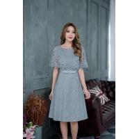 ราคา เดรสออกงาน เดรสทำงาน เดรสลูกไม้คลุมไหล่แต่งเข็มขัดผ้า ทรงเอ สีน้ำตาล สีโอรส สีเทา สวยมากค่ะ M 3XL (18839553576)