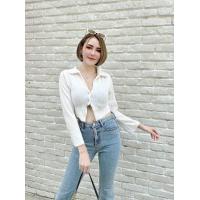 ราคา เสื้อครอปแขนยาว กระดุมหน้า ผ้าเปลือกไม้อัดย่น (19283530338)