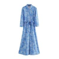 ราคา ZZOOI TRAF Women Chic Fashion Floral Print With Belt Midi Shirt Dress Vintage Three Quarter Sleeve Female Dresses Vestidos (10524568018)