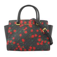 ราคา กระเป๋าถือ Michael Kors แท้ Printed Coated Canvas ลาย Logo MK และดอกไม้สีแดง สายหนังแท้ มีสายยาว รุ่นแนะนำ MICHAEL KORS 35H8GLMS2V Coated Canvas with Saffiano Leather Medium Selma Top Zip Satchel (155