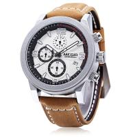 ราคา MEGIR นาฬิกาข้อมือชาย นาฬิกาข้อมือสายหนัง ระบบโครโนกราฟ สายหนังน้ำตาลหน้าปัดขาว Mens watches รุ่น SW01 W (100222089)