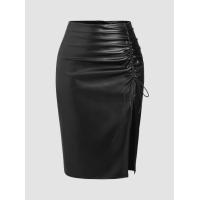 ราคา Cider Faux Leather High Waist Drawstring Split Maxi Skirt Curve Plus (20689549485)