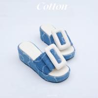 ราคา รองเท้าส้นตึกหัวเข็มขัด รุ่นพัพฟี่และรุ่นคอตตอน ผ้าเดนิม ลายดอกไม้ Denim (18617081764)